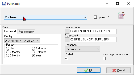 TurboCASH4 Document listing per account - purchases