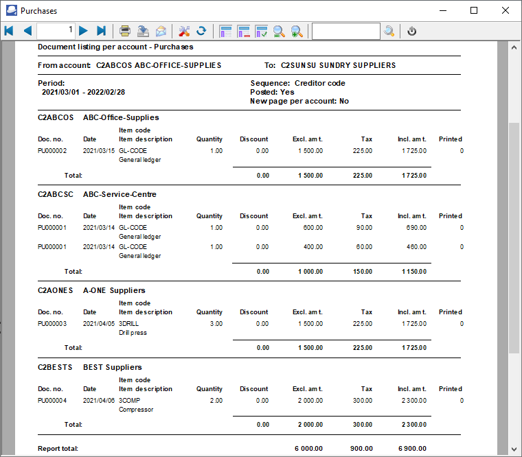 TurboCASH4 Document listing per account - purchases printed