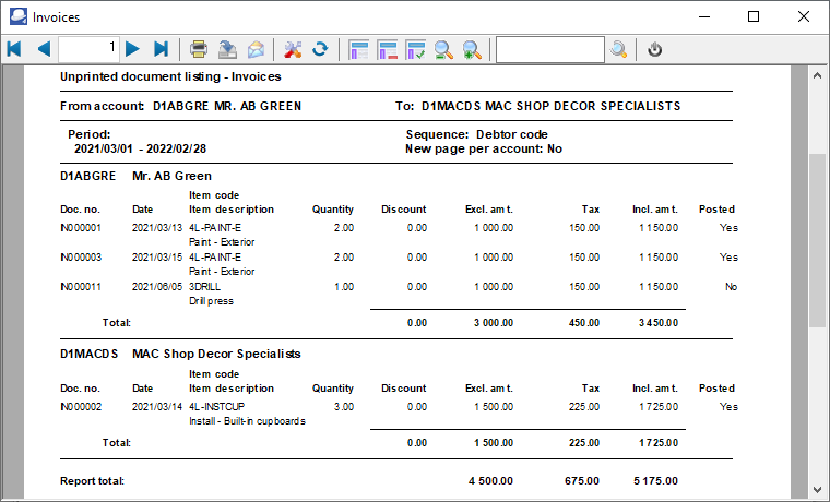 TurboCASH4 Document listing unprinted invoives printed list