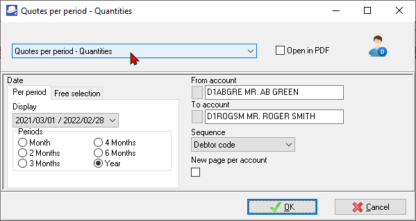 TurboCASH4 - Quotes per period per account report options
