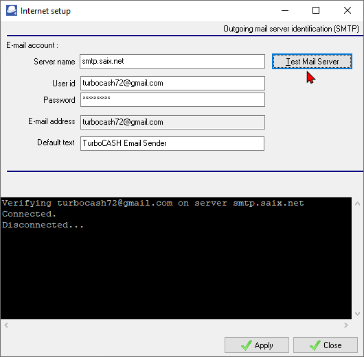 TurboCASH4 - Internet setup - Test Mail server