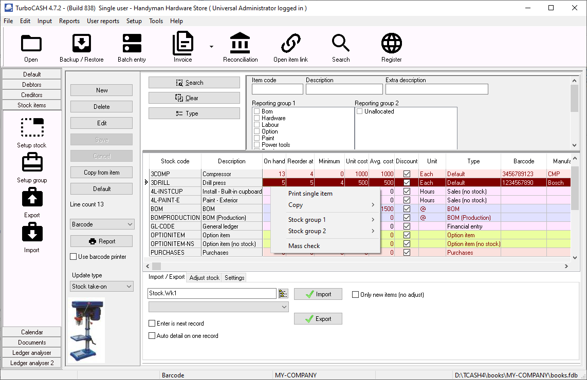 TurboCASH4 - Stock items