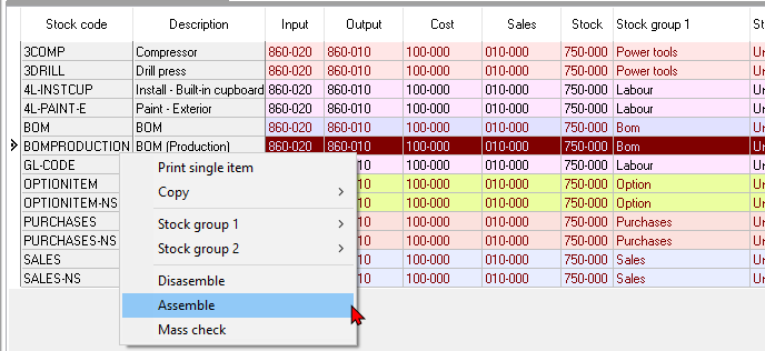 TurboCASH4 - Stock item - BOM (production) type - Context menu options