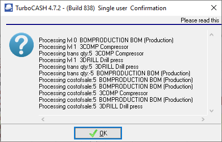 TurboCASH4 - Stock item - BOM (production) type - Assemble confirmation
