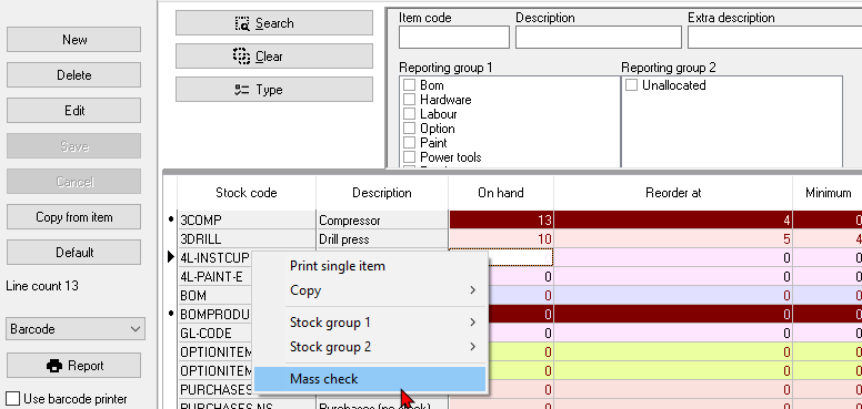 TurboCASH4 - Stock items - context menu