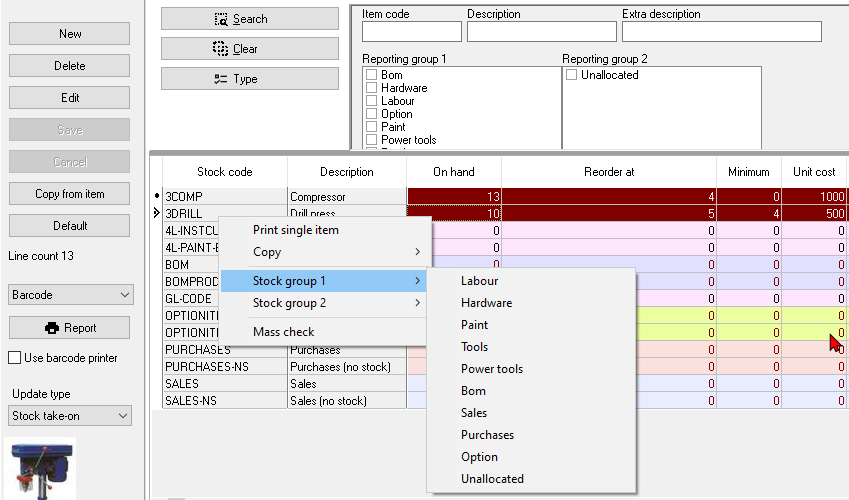 TurboCASH4 - Stock items - context menu - groups