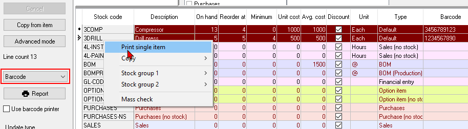 TurboCASH4 - Stock items - context menu - print single item