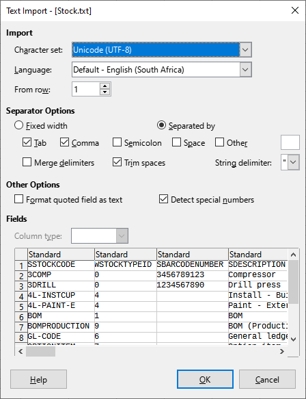TurboCASH4 - Export stock items - Spreadsheet text import options