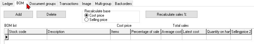 TurboCASH4 - Stock item - BOM type - BOM tab