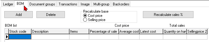 TurboCASH4 - Stock item - BOM (production) type - BOM tab