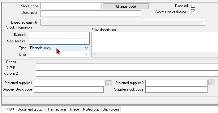 TurboCASH4 - Stock item - Financial entry type