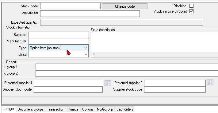 TurboCASH4 - Stock item - Option item (no stock) type