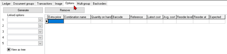 TurboCASH4 - Stock item - Option item type - Options tab