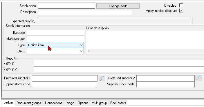 TurboCASH4 - Stock item - Option item type